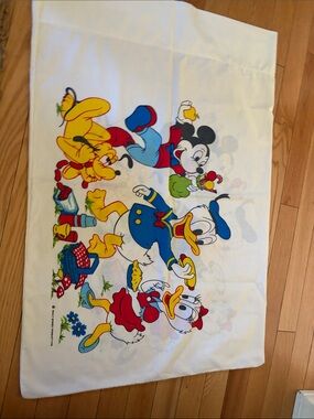 VintagDisney Pillowcase with Bright Red, Blue, Yellow & Green Cartoon Characters